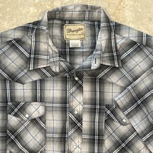 Wrangler Western Shirt Pearl Snap Men 3XL Grey Plaid Short Sleeve Stretch Pocket